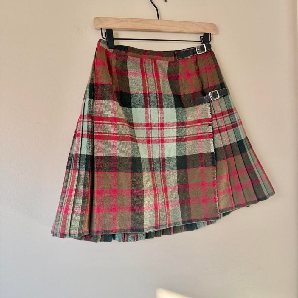 Vintage Plaid Mini Skirt Red Green 26 Small Wool tartan academia 70 leather